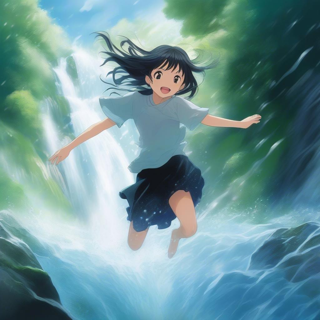 Dieses Anime-Hintergrundbild zeigt ein junges Mädchen in Schwarz-Weiß, das durch einen nebligen Wasserfall springt, während ihr Haar wie ein Wasserfall fließt. Der Hintergrund ist ein verschwommener Mix aus Grün und Blau, der der Szene ein geheimnisvolles Gefühl verleiht. Das Bild fängt einen fesselnden und energetischen Moment ein, in dem die Bewegung und Energie des Mädchens deutlich zu erkennen sind.