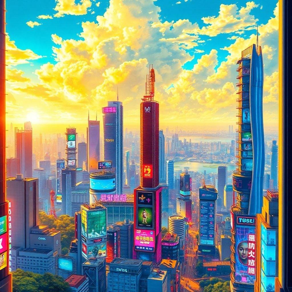 Immerse yourself in the vibrant world of anime with this stunning cityscape wallpaper. The detailed digital illustration brings to life a futuristic Tokyo, with a blend of blue, green, and yellow hues that evoke a sense of energy and motion.