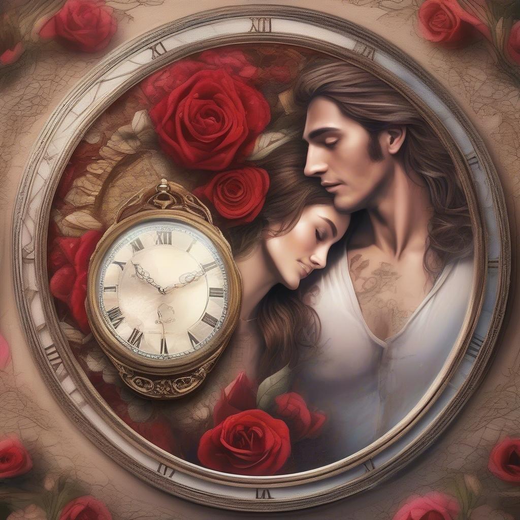 A captivating wallpaper for the romantic at heart, featuring a couple in an embrace with roses and a clock as they celebrate their love on Valentine's Day.