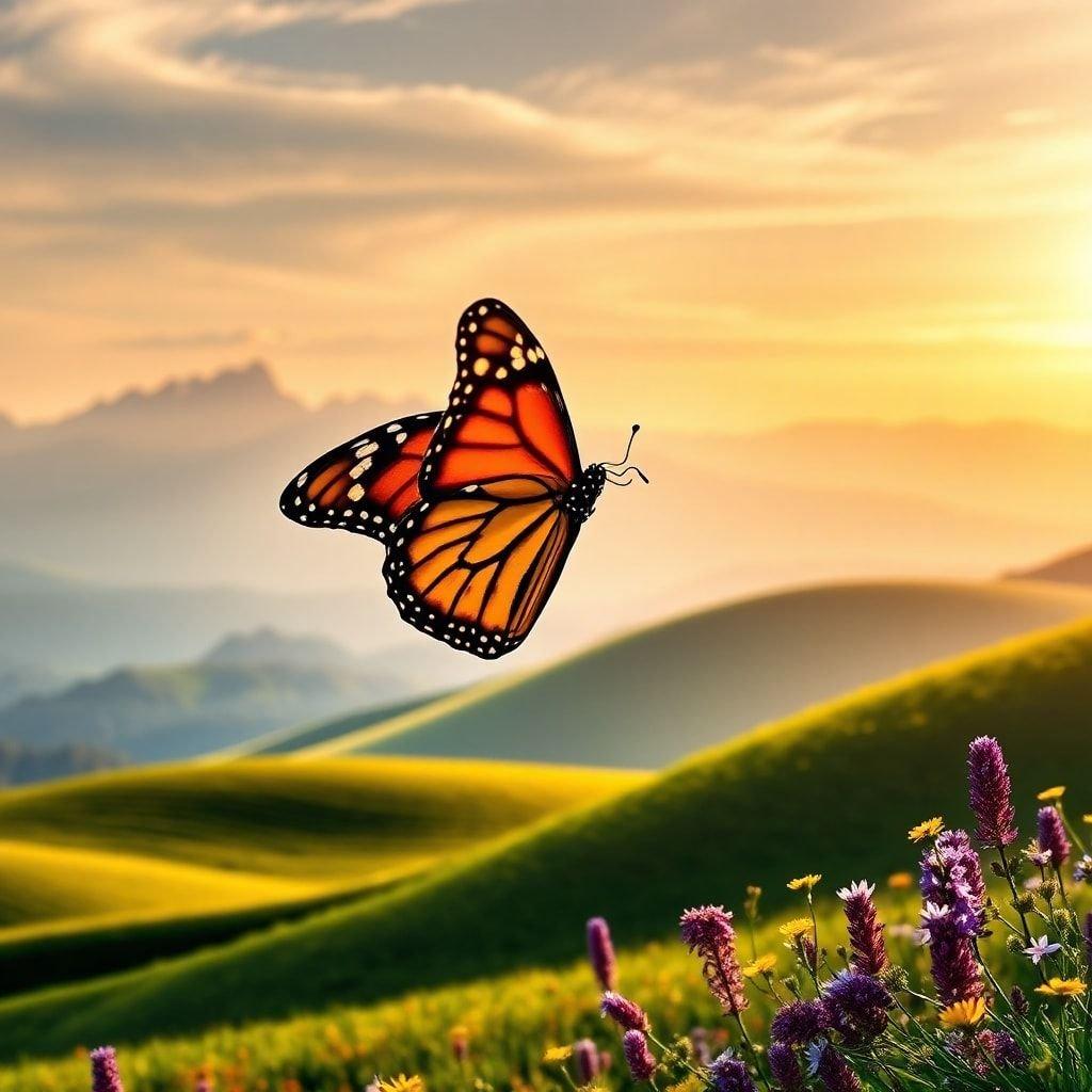 A stunning image of a monarch butterfly soaring over a field of wildflowers, with rolling hills and a sunset in the background.