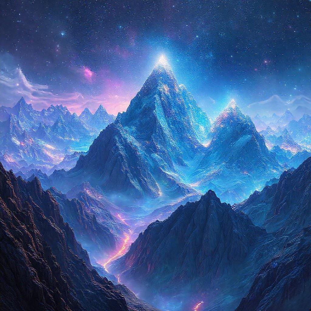 This fantasy mountain landscape wallpaper is perfect for anyone who loves adventure and fantasy. The image features a majestic mountain range with snow-capped peaks and a starry night sky. The mountains are depicted in shades of blue and purple, with a subtle glow emanating from the peaks. The sky is filled with stars and a few wispy clouds, adding to the sense of wonder and magic. This wallpaper is sure to transport you to a world of fantasy and adventure.