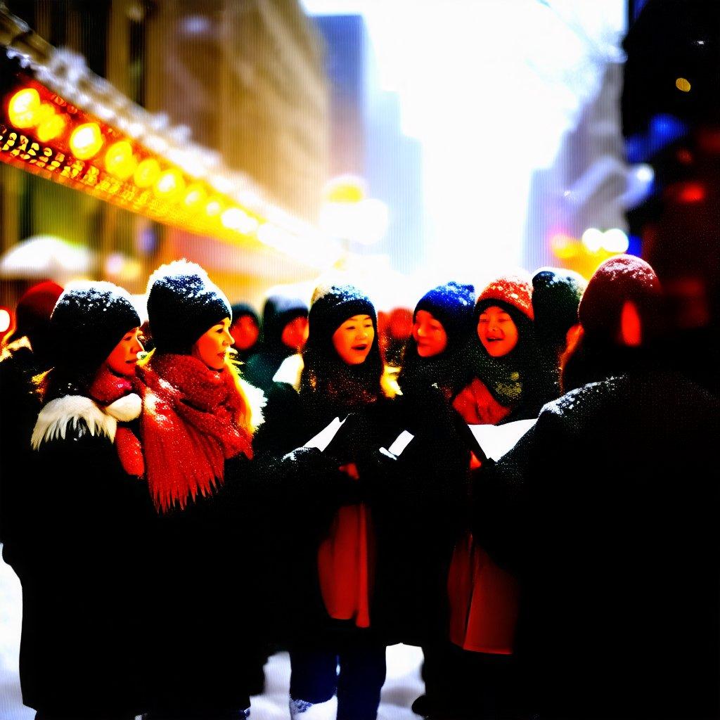 A group of people standing together in the snow, singing a harmonious Christmas carol, evoking a warm holiday spirit.