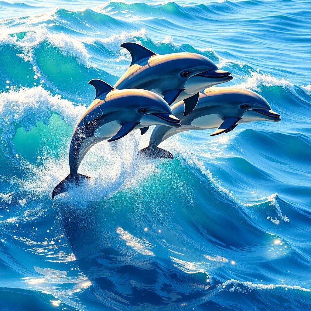 This stunning wallpaper features a pod of dolphins leaping out of the ocean, creating a breathtaking scene that captures the beauty and wonder of marine life. The vibrant colors and dynamic composition make it a perfect fit for any desktop or mobile device.