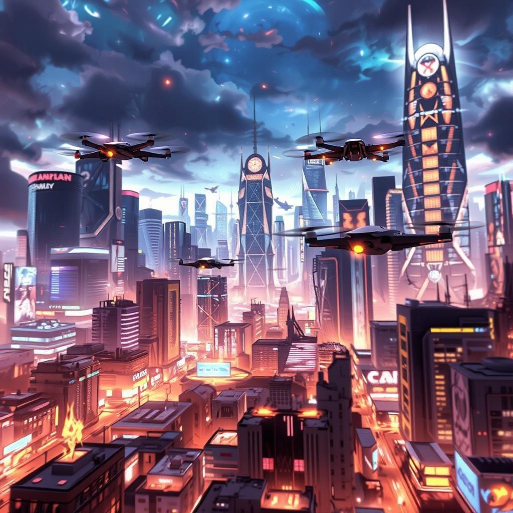 Experience the vibrant world of anime with this stunning cityscape wallpaper. The neon-lit skyline and bustling metropolis create a futuristic atmosphere, while flying drones add a touch of innovation.