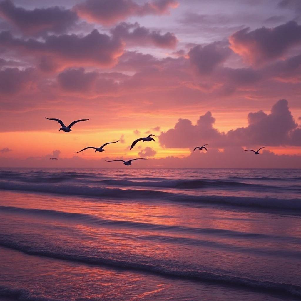 Uma cena de praia tranquila enquanto o dia se transforma em noite, com algumas gaivotas voando pelo céu ao crepúsculo.