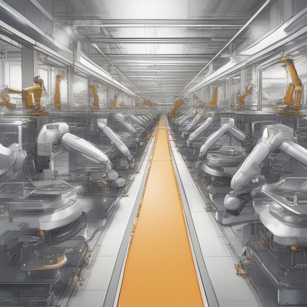 This futuristic wallpaper showcases a sleek and efficient robotic assembly line, perfect for desktop and mobile use. The image features a row of robots working together to assemble a product, highlighting the power of technology in manufacturing.