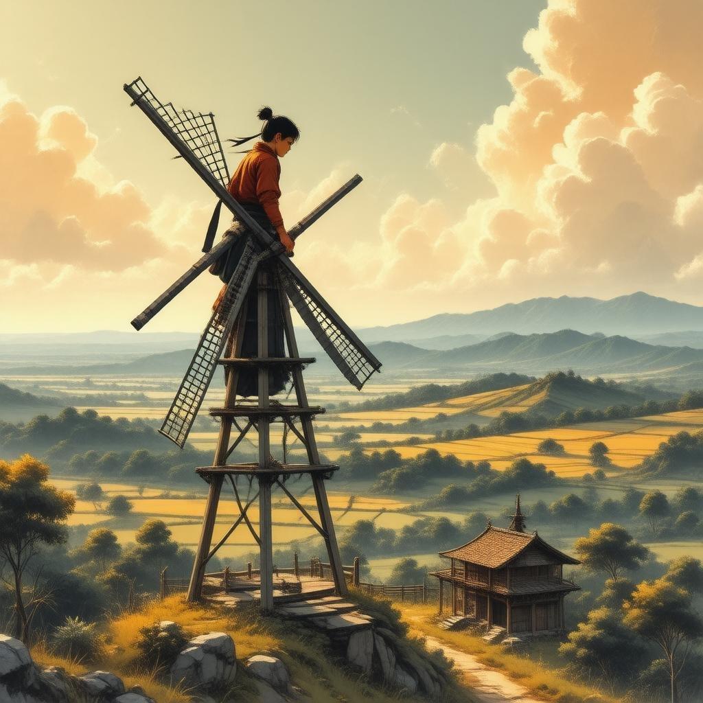 The young ninja stands vigil on top of the windmill, gazing over the vibrant countryside. The warm glow of the sun bathes the landscape as birds flit about in the distance. This detailed illustration captures a moment of tranquility and focus amidst nature's beauty.