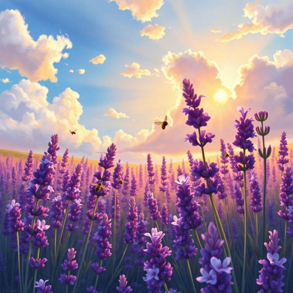 A vibrant field blooming with lavender flowers under a radiant sunrise, where bees buzz by and the air is fresh. A peaceful wallpaper for your digital desktop.