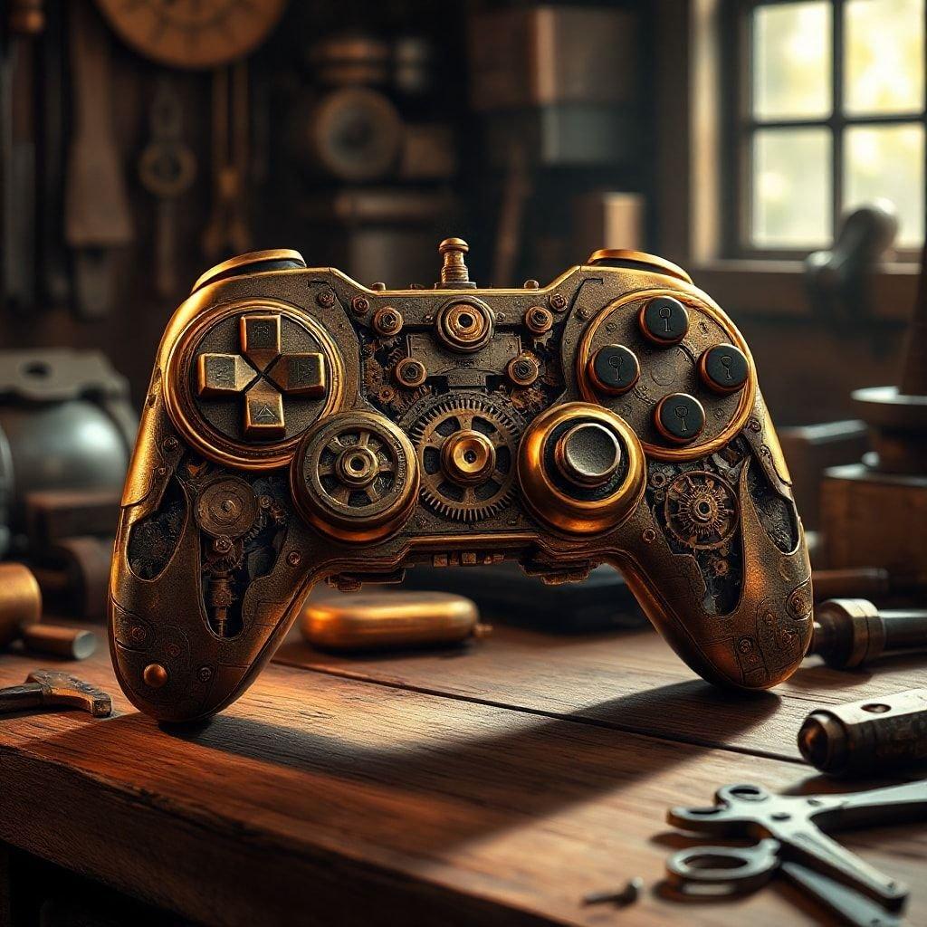 This intricate golden video game controller with cogs and gears on the buttons exudes a vintage, steampunk style that harks back to early gaming days. It's a perfect fit for any gamer's desk who appreciates both nostalgia and craftsmanship.