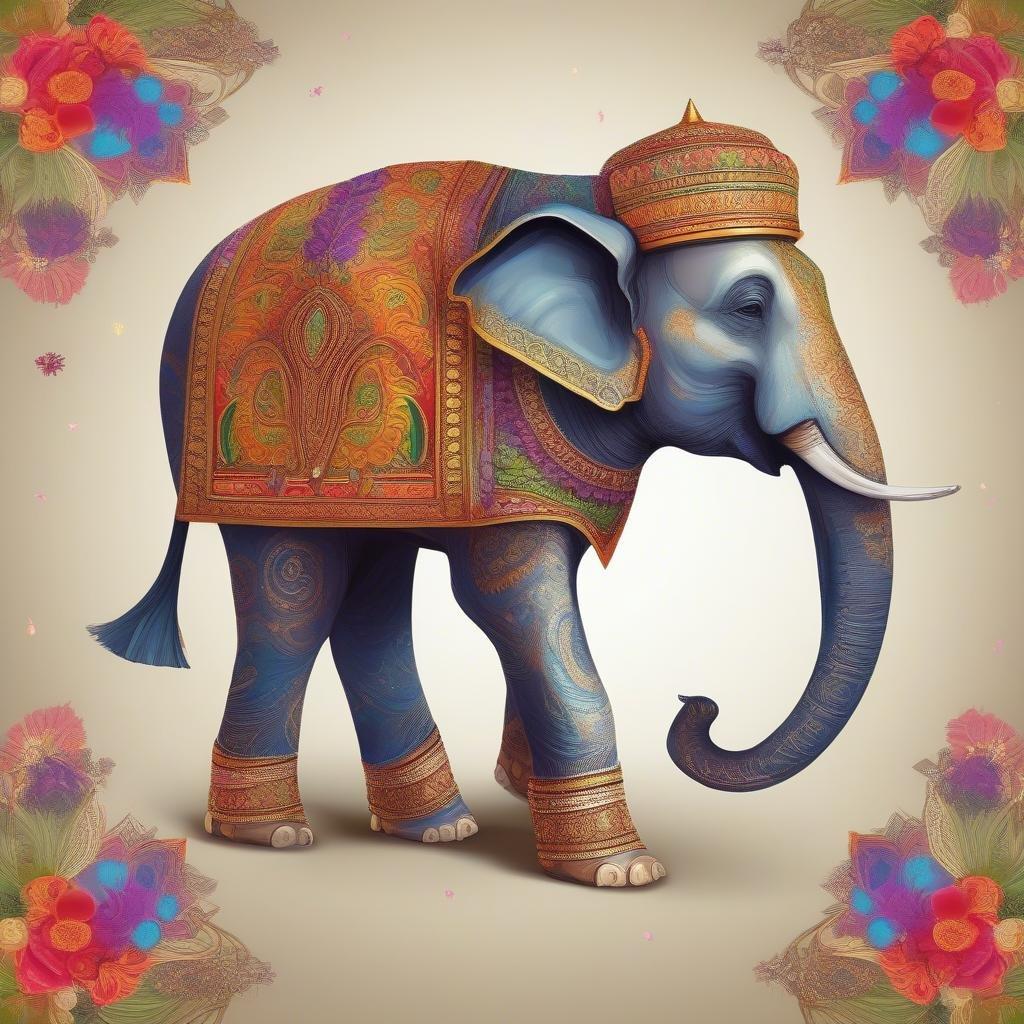 Celebre Diwali com esta vibrante ilustração digital de um elefante decorado para o festival. Decorado em cores tradicionais, está pronto para trazer alegria e boa sorte para sua área de trabalho ou dispositivo móvel.