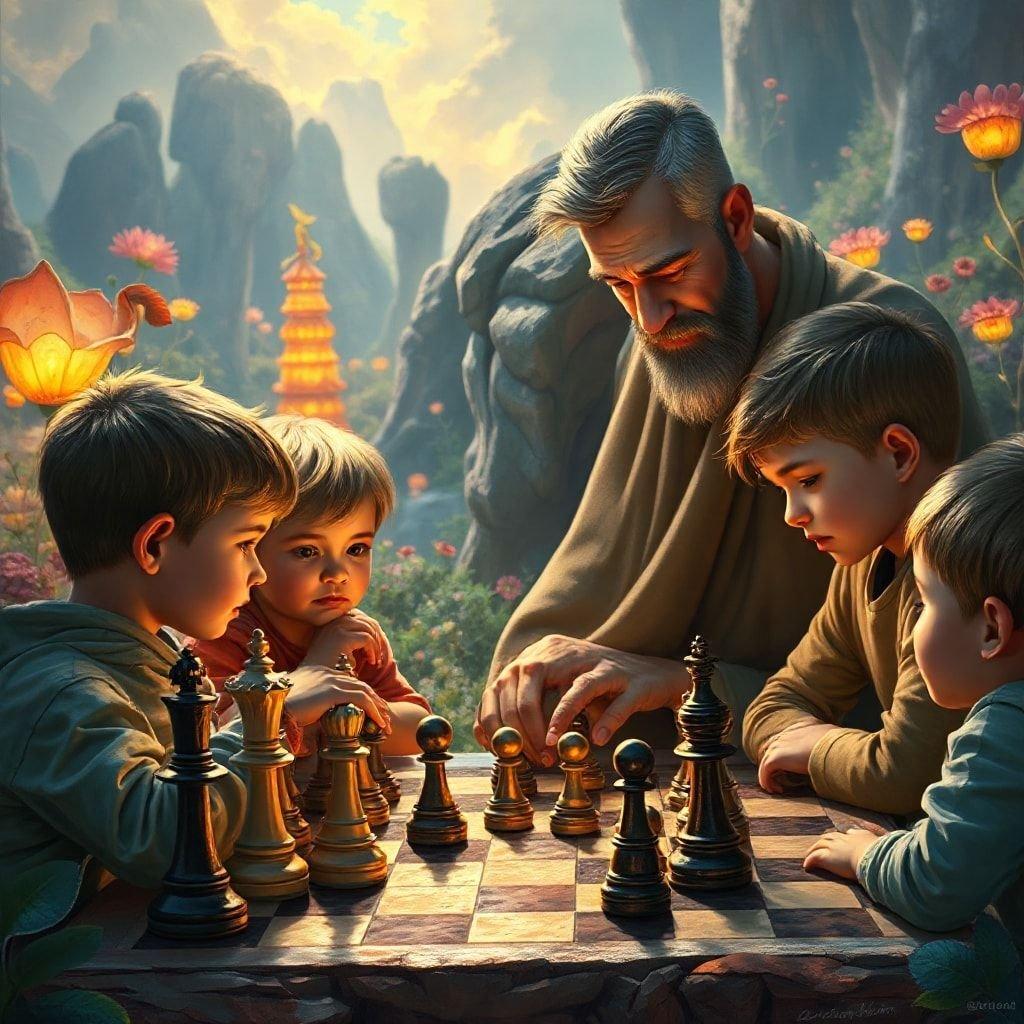 This beautiful wallpaper captures the heartwarming moment of a father and his children playing chess together, surrounded by a serene and natural environment. The image conveys a sense of love, bonding, and shared joy, making it a perfect representation of Father's Day.