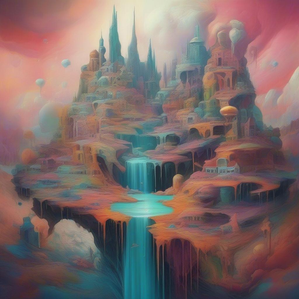 A fantastical castle sits atop a floating island, with colorful flora surrounding it. A waterfall cascades into the valley below, and a rainbow arcs over the scene, adding to its dreamlike quality.