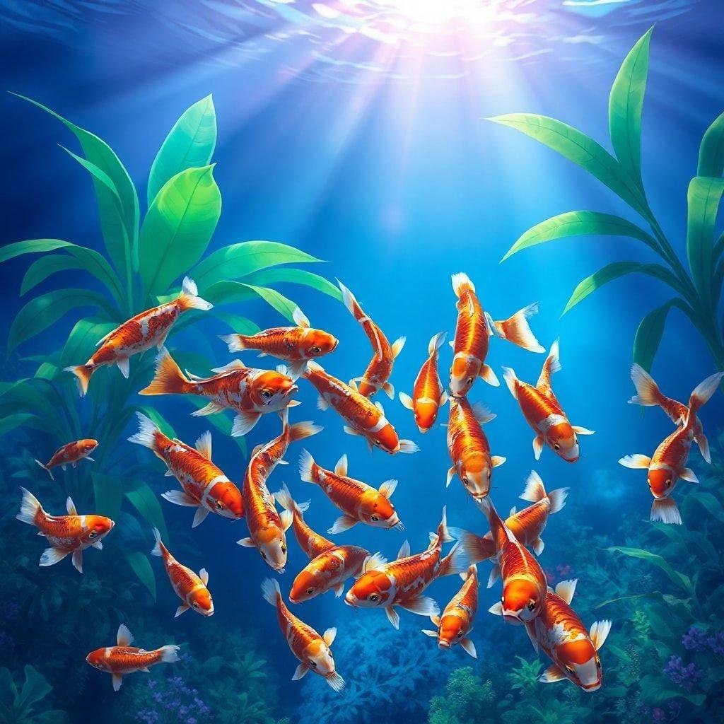 This stunning wallpaper features a group of colorful koi fish swimming through an underwater garden, creating a mesmerizing scene that's perfect for desktop and mobile use. The central focus is a group of koi fish, their vibrant colors contrasting the deep blue water, while the background showcases a lush green plant with large leaves, adding depth to the scene.