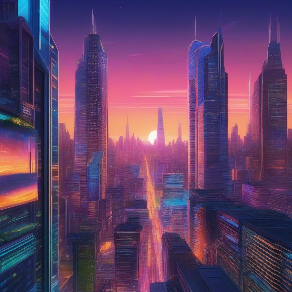 Dyk ned i den betagende skønhed af en futuristisk by ved solnedgang, hvor neonlys oplyser skyline, og atmosfæren er fyldt med en følelse af undren og muligheder.