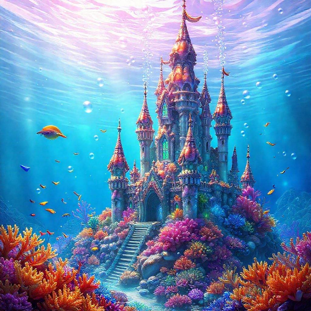 This fantasy castle wallpaper transports you to an underwater world, blending medieval architecture with oceanic elements. The castle's towers and walls are adorned with coral, seaweed, and other oceanic features, creating a unique and captivating scene.