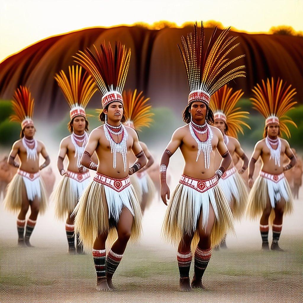 This vibrant scene captures the essence of cultural dance, as a group of performers dressed in traditional outfits display their artistry under the glowing light of a setting sun.