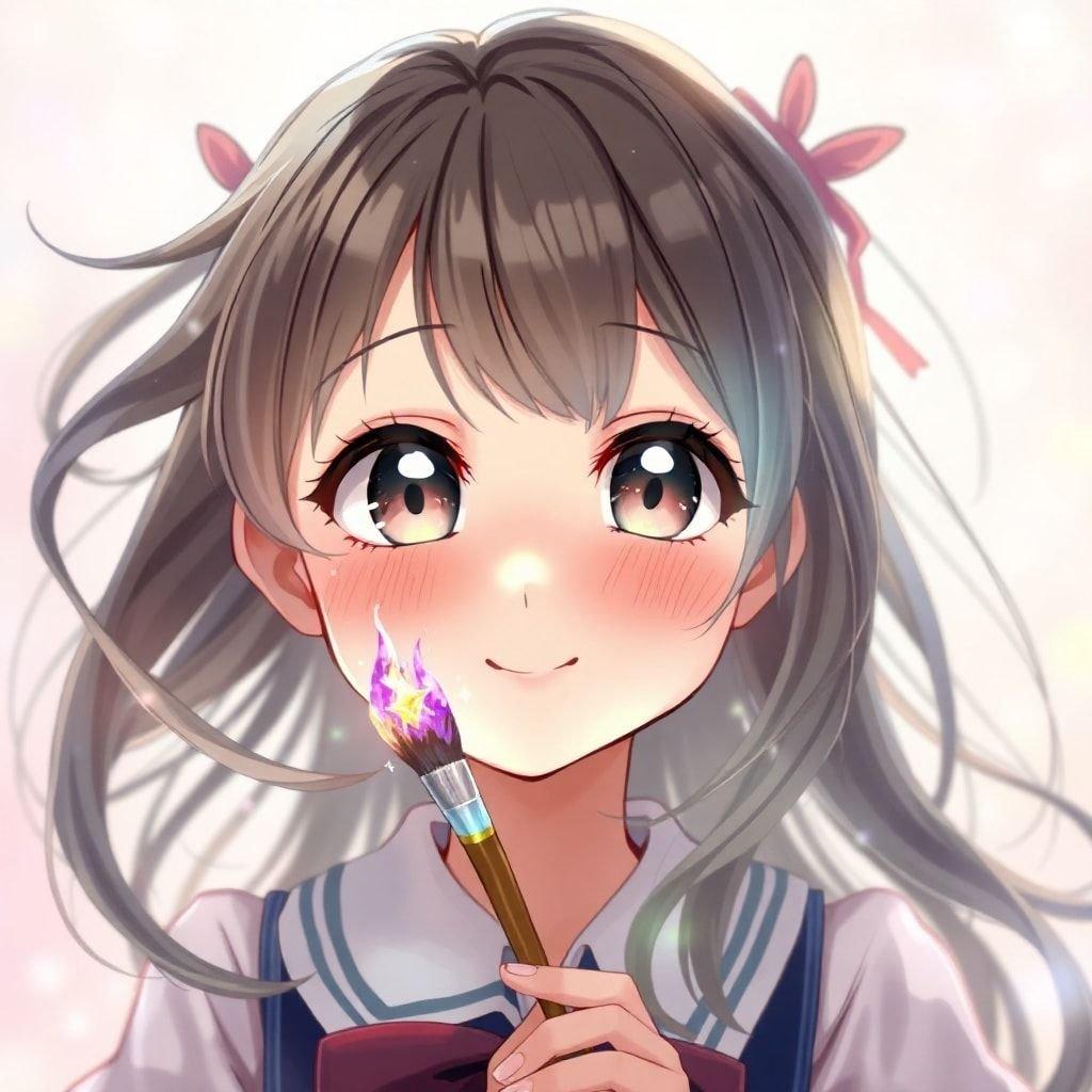 A captivating digital illustration of a shy high school girl, her face aglow with a magical paintbrush, capturing a moment of joy. The illustration exudes a sense of wonder and intrigue, with a blurred background, focusing attention on her expressive eyes and the mysterious paintbrush she's gathered in front of her.