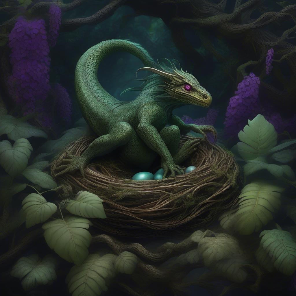 A fantasy dragon sits in a nest with eggs, surrounded by leaves and branches.