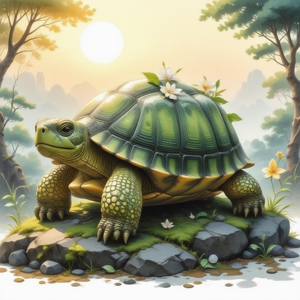 Tauchen Sie ein in die ruhige Schönheit dieses Anime-Hintergrunds, wo eine weise alte Schildkröte friedlich auf einem moosbedeckten Stein in einem Zen-Garten sitzt, umgeben von lebhaften Blumen und Blättern, vor den warmen Tönen der untergehenden Sonne.