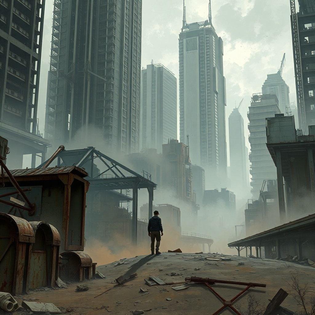 Step into a post-apocalyptic world with this stunning anime-style wallpaper, featuring a lone figure navigating a desolate wasteland amidst towering skyscrapers.