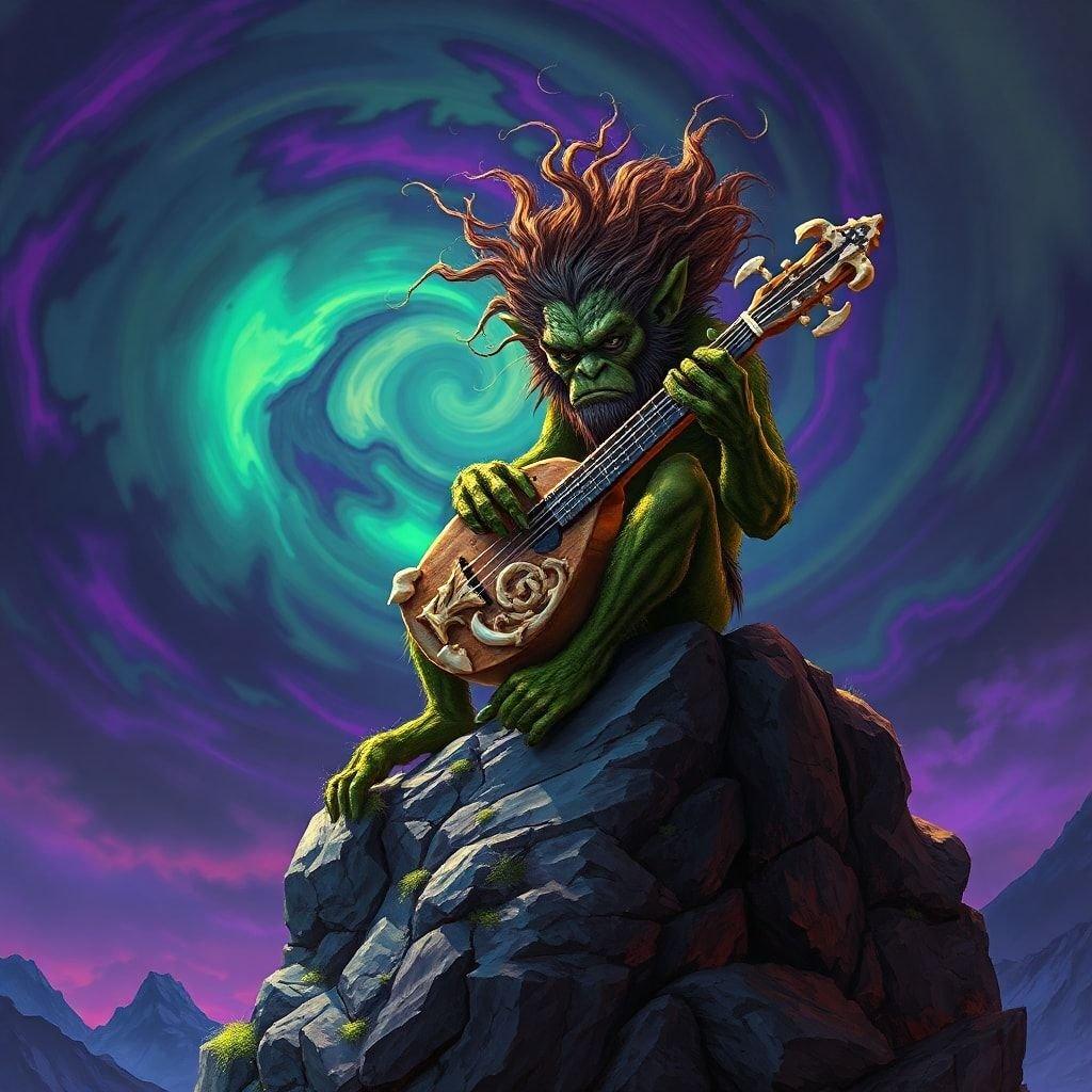 This fantasy wallpaper features a goblin playing a guitar, set against a backdrop of a fantasy world. The goblin has green skin and pointy ears, and is wearing a loincloth. It is sitting on a rock, surrounded by trees and mountains. The guitar is a unique instrument with a long neck and a round body. The background is a gradient of blues and purples, with a few stars twinkling in the sky.