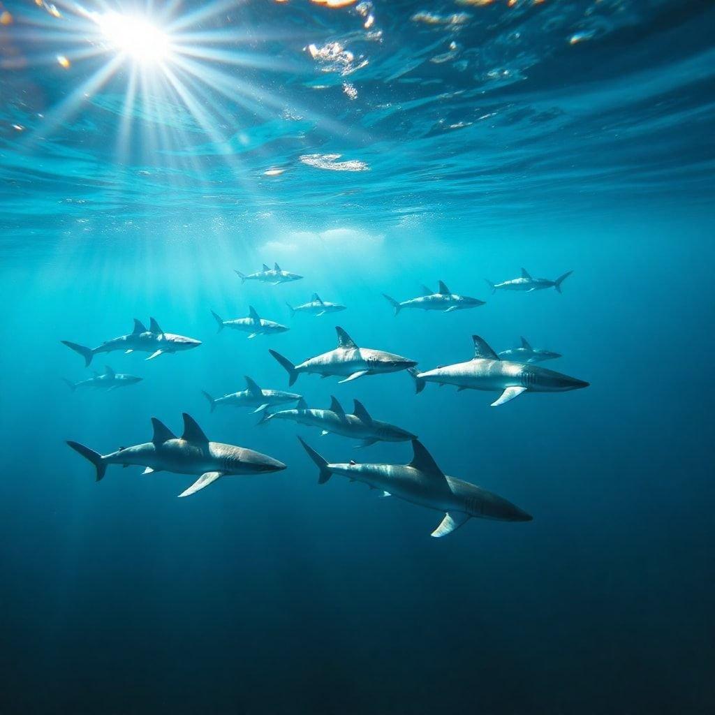 A serene school of sharks swimming in formation under the ocean sunlight.