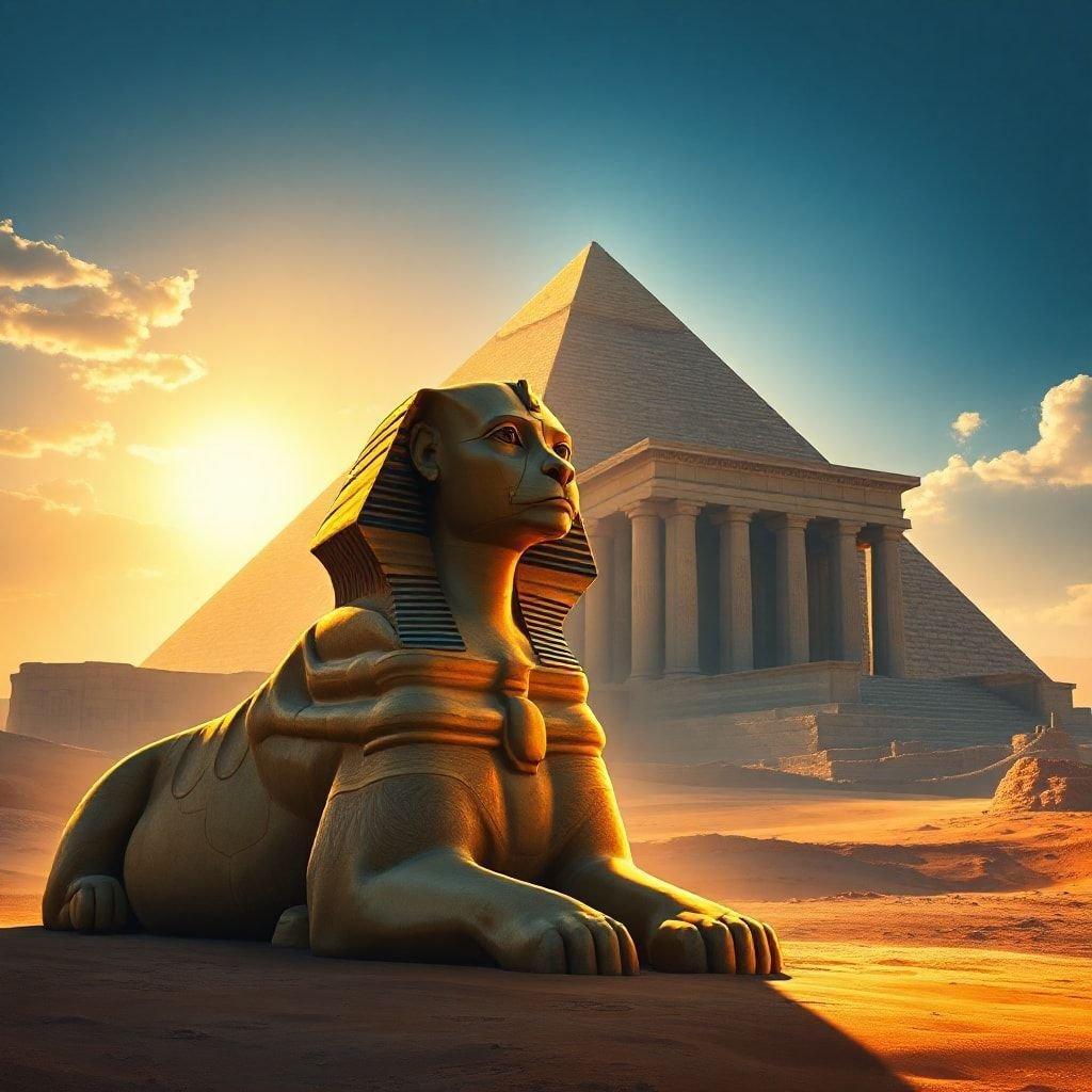 Ein atemberaubendes digitales Kunstwerk mit einer Sphinx-Statue vor einer Pyramide, vor einer Wüstenlandschaft mit einer Pyramide in der Ferne. Das Bild strahlt eine Aura von antiker Mystik und Pracht aus, was es perfekt für Fans von Fantasy und Abenteuer macht.