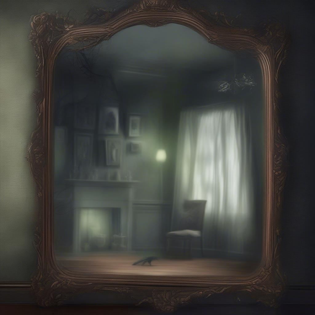 A hauntingly beautiful hallway, where an ominous mirror reveals the hidden depths of a mysterious mansion. The dark hues of the room and the silhouette of a bird add to the eerie atmosphere.