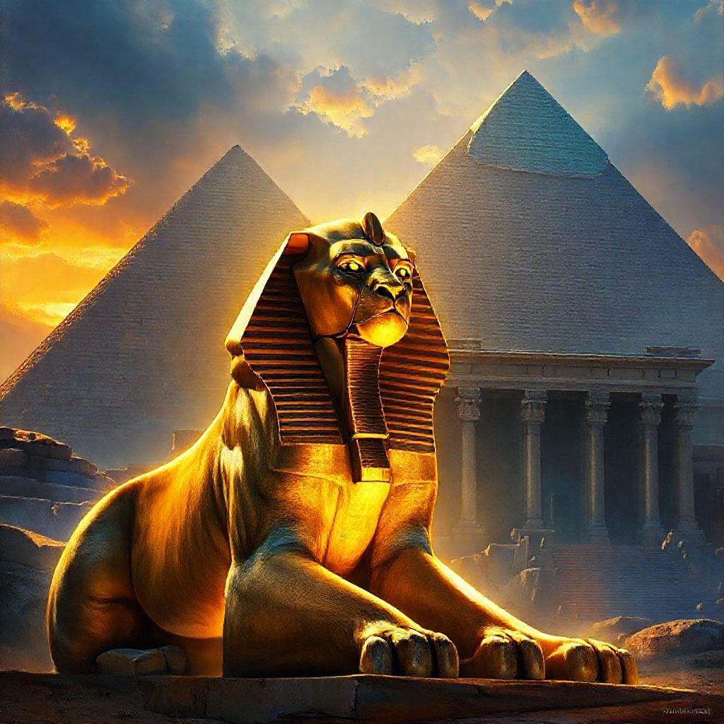 Step into a world of fantasy and wonder with this majestic sphinx wallpaper, featuring a powerful and wise creature set against a backdrop of ancient pyramids and mystical landscapes.