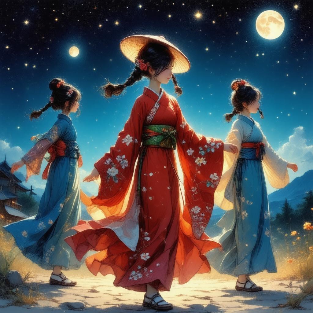 A group of girls in vibrant Yukata (summer kimono) dresses are seen dancing under a starry night sky, embodying the spirit of summer festivities. The central figure stands out with her colorful cloak and striking red hat, leading the dance with grace. The two on either side add charm to the scene with their contrasting patterns, creating a lively spectacle against the backdrop of the night.