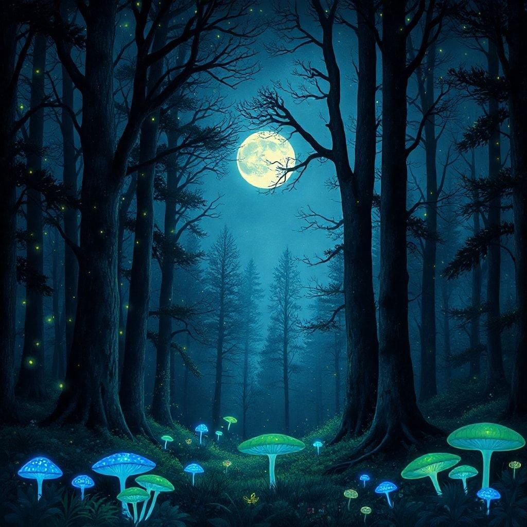 This enchanting wallpaper features a serene forest scene with glowing mushrooms, perfect for adding a touch of magic to your desktop or mobile device.