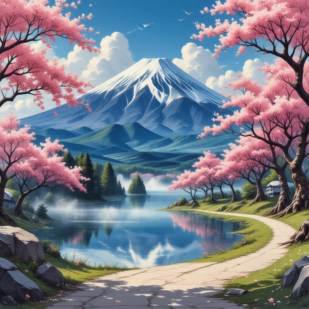 Dyk ner i den lugna skönheten i detta anime-stil landskap, med Mount Fuji som den majestätiska mittpunkten, omgiven av körsbärsträd och en dimmig sjö.