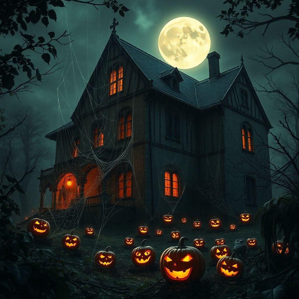 A haunting Halloween scene with a spooky old mansion shrouded in mist, bathed in moonlight and surrounded by illuminated jack-o'-lanterns casting eerie shadows.