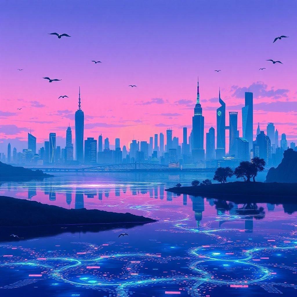 Experience the vibrant energy of a futuristic city at sunset with this stunning wallpaper. The tranquil lake's neon lights dance across the water, while the distant skyline adds depth to the scene. The soothing blues and purples create a captivating atmosphere, with a few scattered birds adding a whimsical touch.