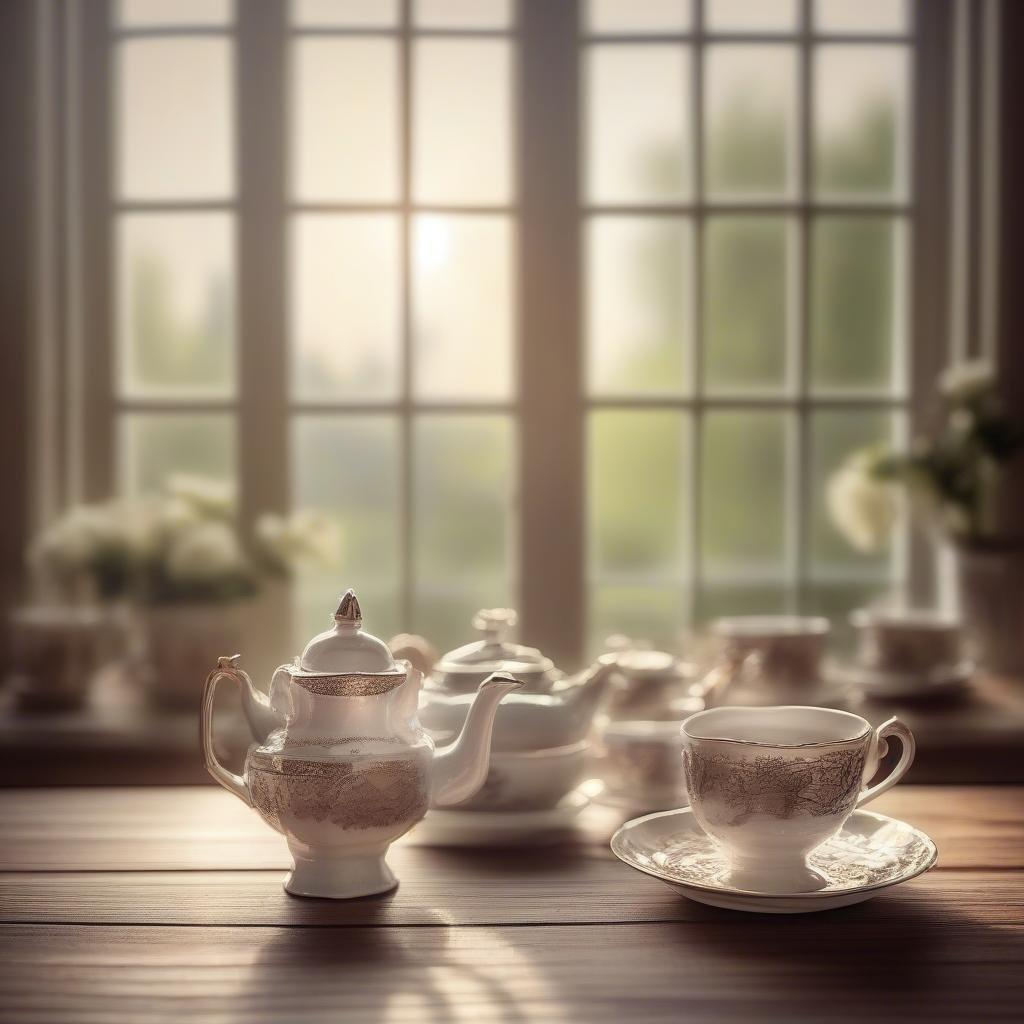 A cozy scene with fine china tea set on a wooden table, set against the backdrop of a softly lit room.