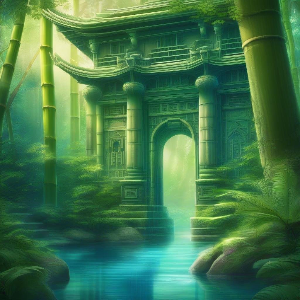 Immerse yourself in the serene beauty of this anime-inspired water temple, nestled within a vibrant bamboo forest. The intricate architecture and large windows of the temple create a sense of wonder, while the lush surroundings evoke a sense of tranquility.