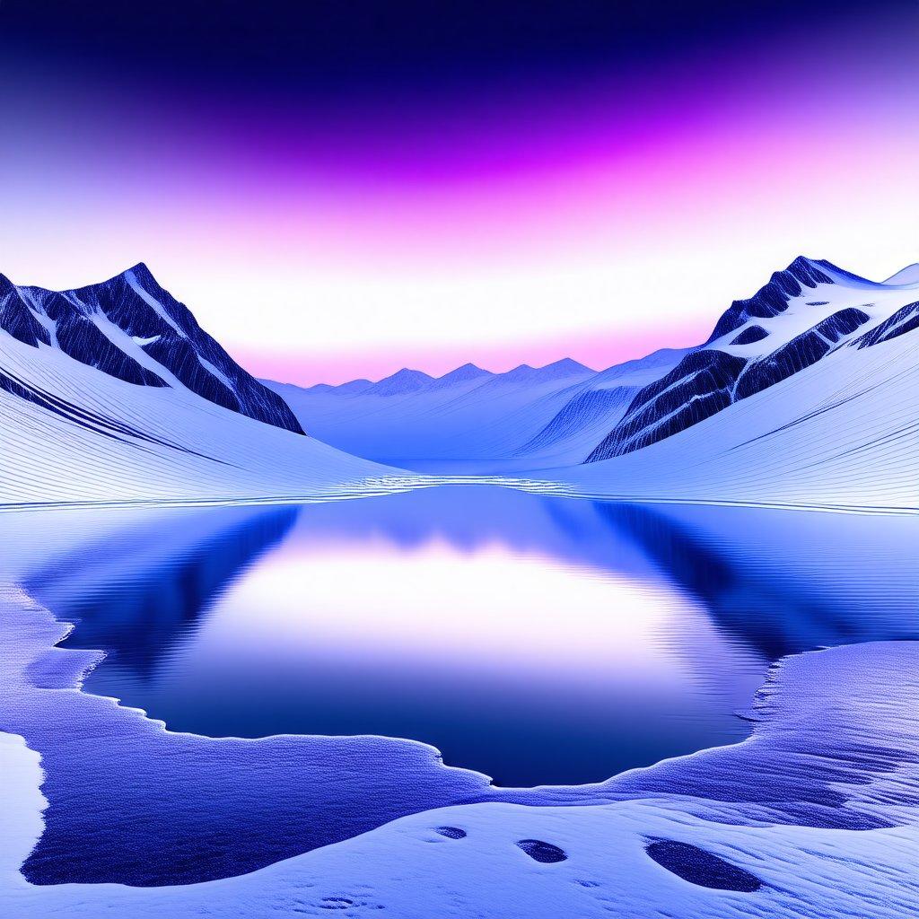 As I gaze upon the vast expanse before me, the serene stillness of this icy chasm awes me. This otherworldly landscape is both tranquil and majestic, a testament to the beauty of our planet's extremities. The deep blue sky mirrored in the water creates an ethereal reflection that adds to its sci-fi charm. Amidst the towering peaks, the small body of water nestles, offering a moment of calm amidst the grandeur of nature's creations.