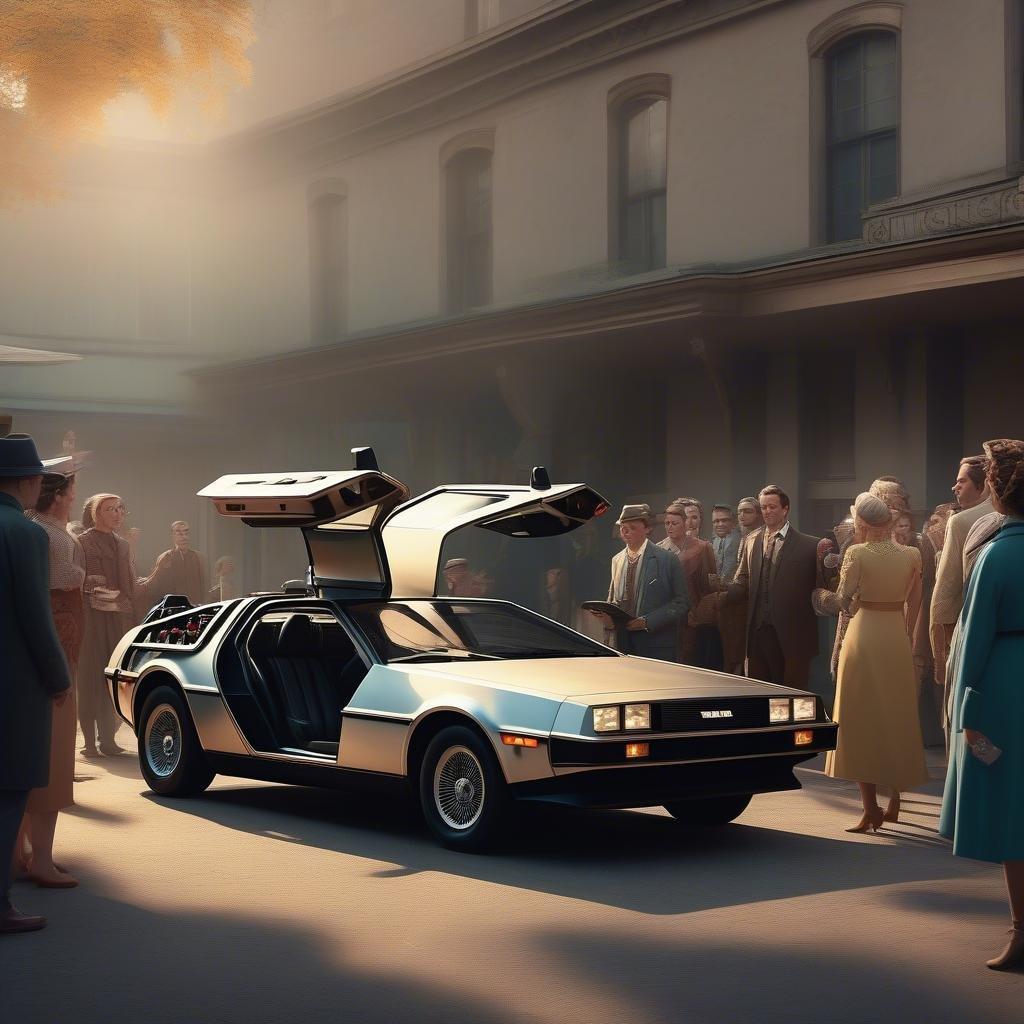 A lively scene at a vintage car show with a crowd gathered around a classic DeLorean sports car. This sleek vehicle has a golden-white hue and is the center of attention, evoking nostalgia for the iconic Back to the Future series.