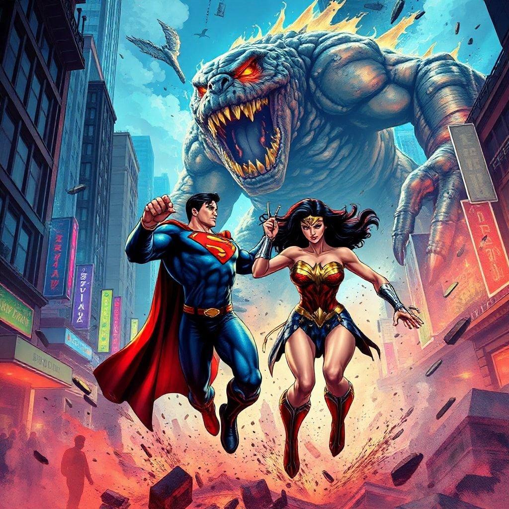 Get ready for an epic battle with this wallpaper featuring Superman and Wonder Woman taking on a monster.