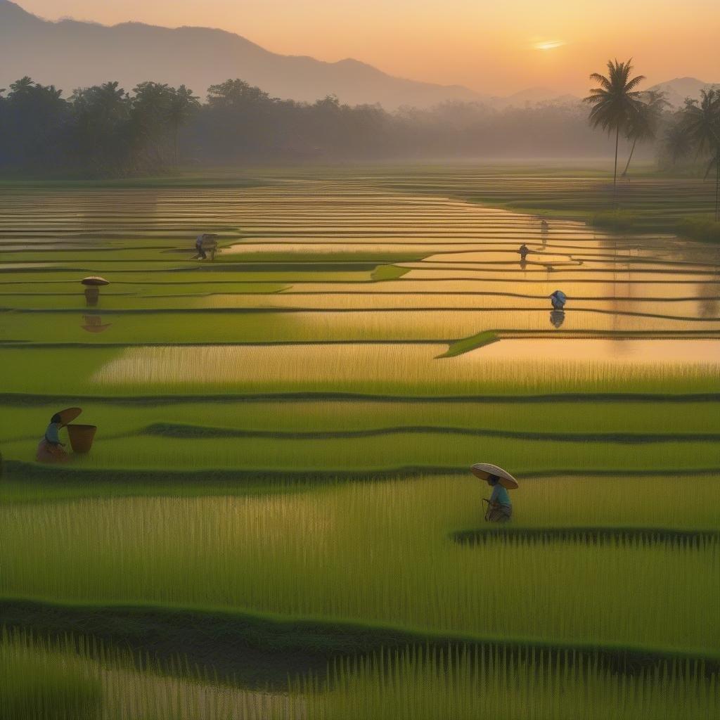 A serene scene of rice fields with workers tending to the crops at sunset, under a beautiful tropical sky.