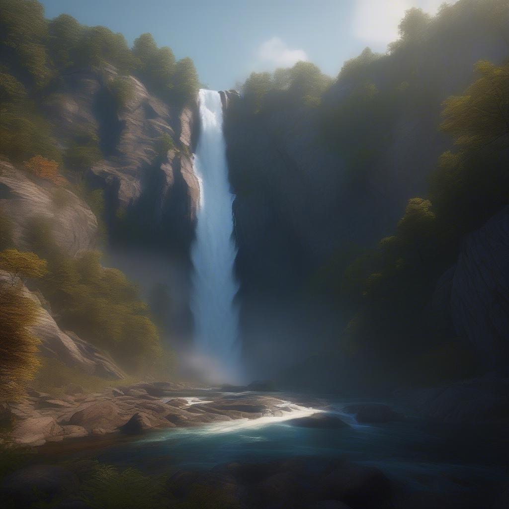 This beautiful landscape wallpaper features a serene waterfall in the mountains, perfect for adding a touch of nature to your desktop or mobile device.