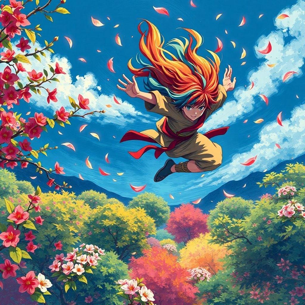 Questo straordinario sfondo anime presenta un giovane ninja in volo, circondato dai colori vivaci dei fiori di ciliegio e delle foglie che vorticano. Lo sfondo blu profondo mette in risalto una foresta lussureggiante e colorata, creando un'atmosfera serena e pacifica.