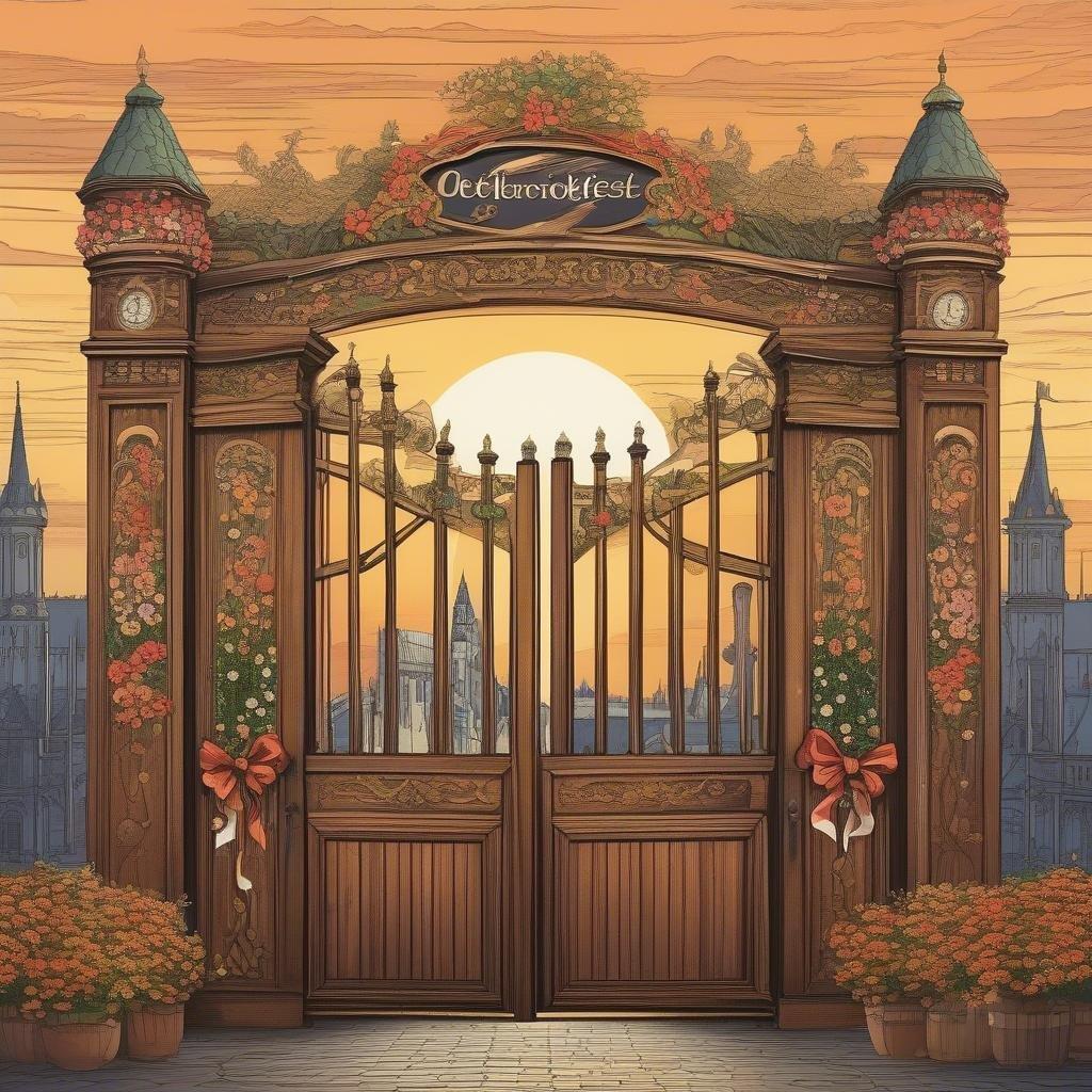 A beautiful wooden gate decorated with flowers and a sign that reads 'Oktoberfest' in German, set against a stunning cityscape with a sunset.