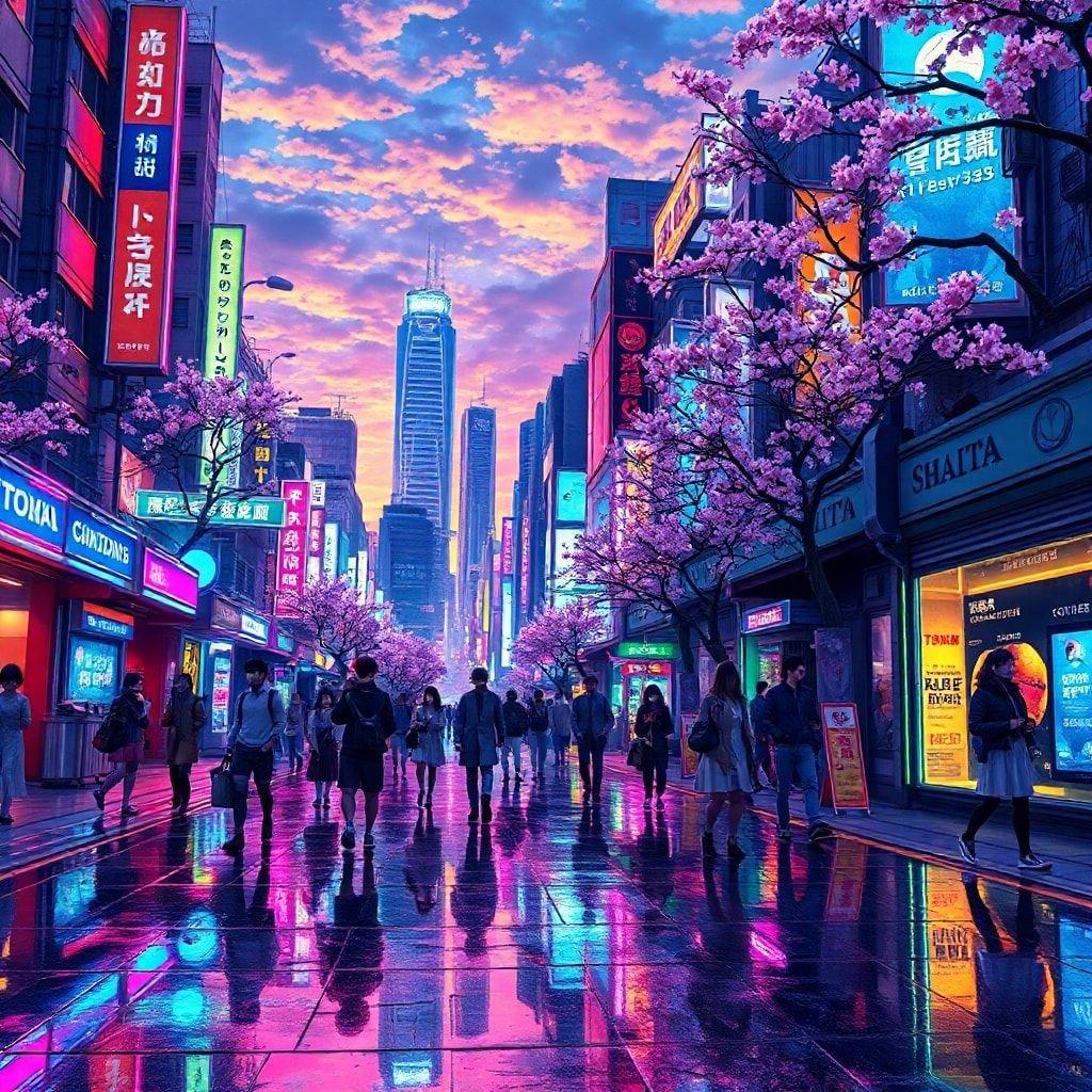 Immergiti nel vibrante mondo dell'anime con questa straordinaria illustrazione digitale di un paesaggio urbano di Tokyo al tramonto. Le luci al neon e la strada affollata creano un'atmosfera affascinante, perfetta per sfondi desktop e mobili.