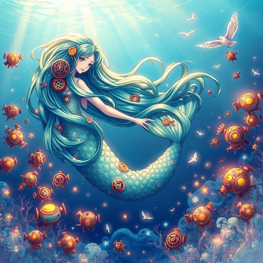 Immerse yourself in a whimsical world with this steampunk-inspired mermaid, surrounded by clockwork sea creatures and set against a serene ocean backdrop.