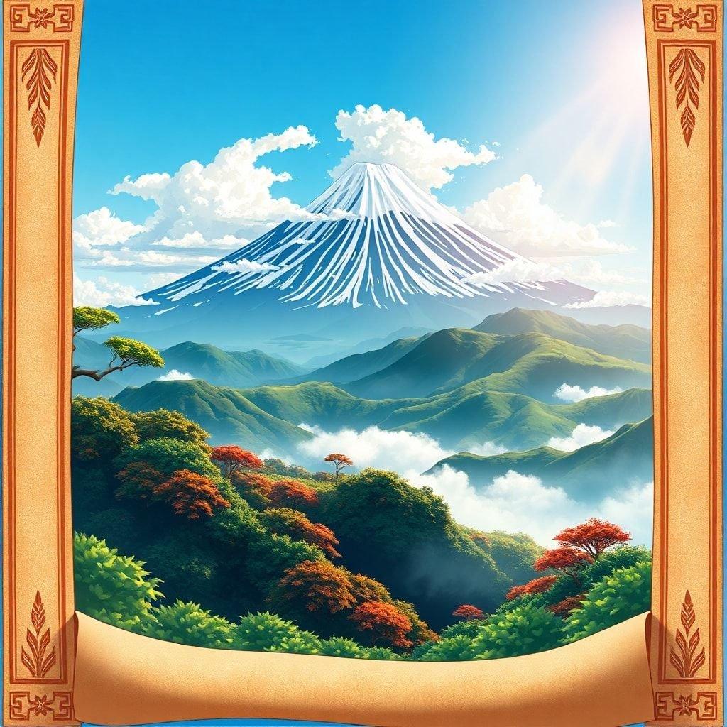 Tauchen Sie ein in die ruhige Schönheit dieses Anime-Hintergrunds, der den majestätischen Fuji vor einer Kulisse aus hoch aufragenden Bergen und üppigem Grün zeigt.