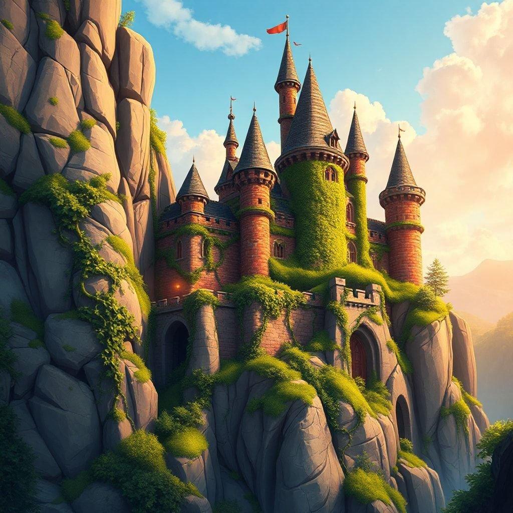 This wallpaper features a majestic cartoon castle perched atop a rocky cliff, surrounded by lush greenery and set against a vibrant blue sky with fluffy white clouds. The castle's grandeur and the natural beauty of its surroundings make it a perfect choice for anyone looking to add a touch of fantasy and adventure to their desktop or mobile device.