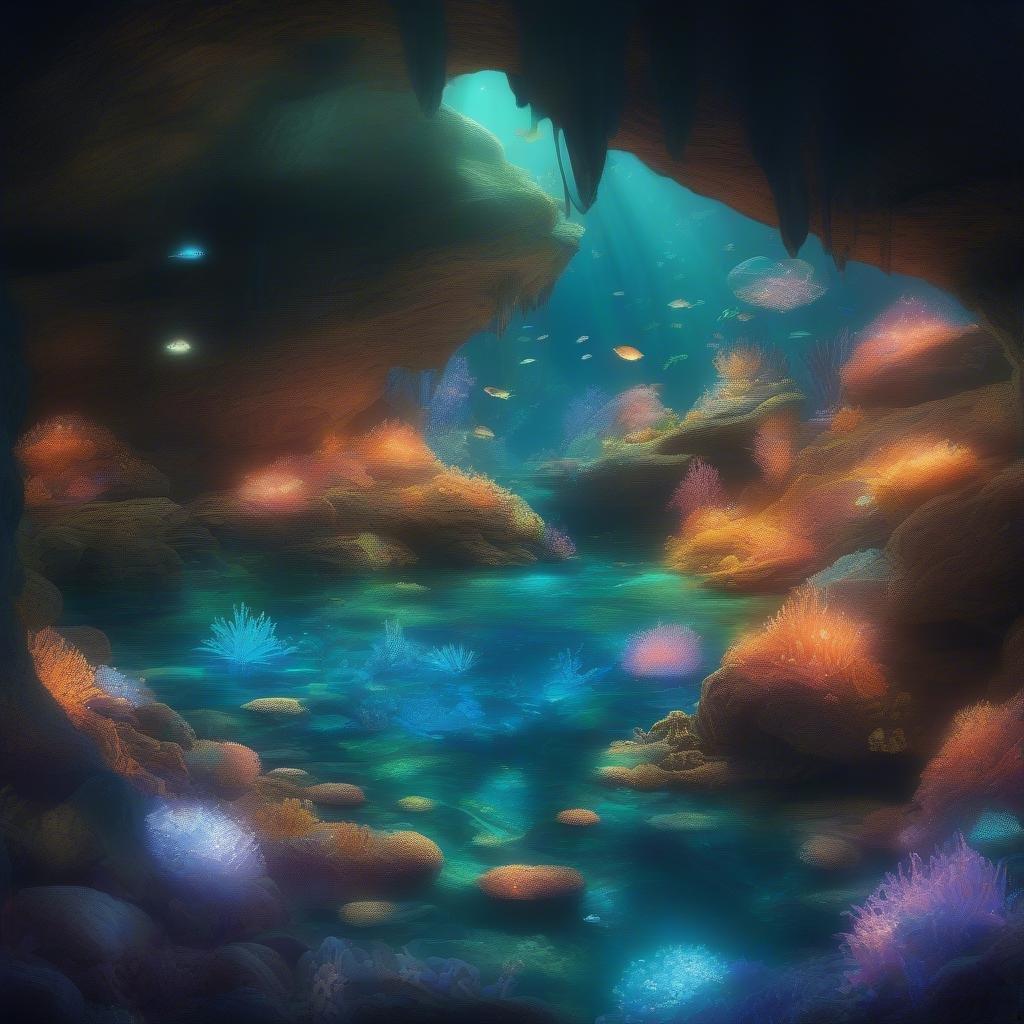 This stunning underwater scene showcases a kaleidoscope of marine life, from schools of fish to colorful coral and other sea creatures. The vibrant colors and dynamic composition make for a visually striking and engaging image.