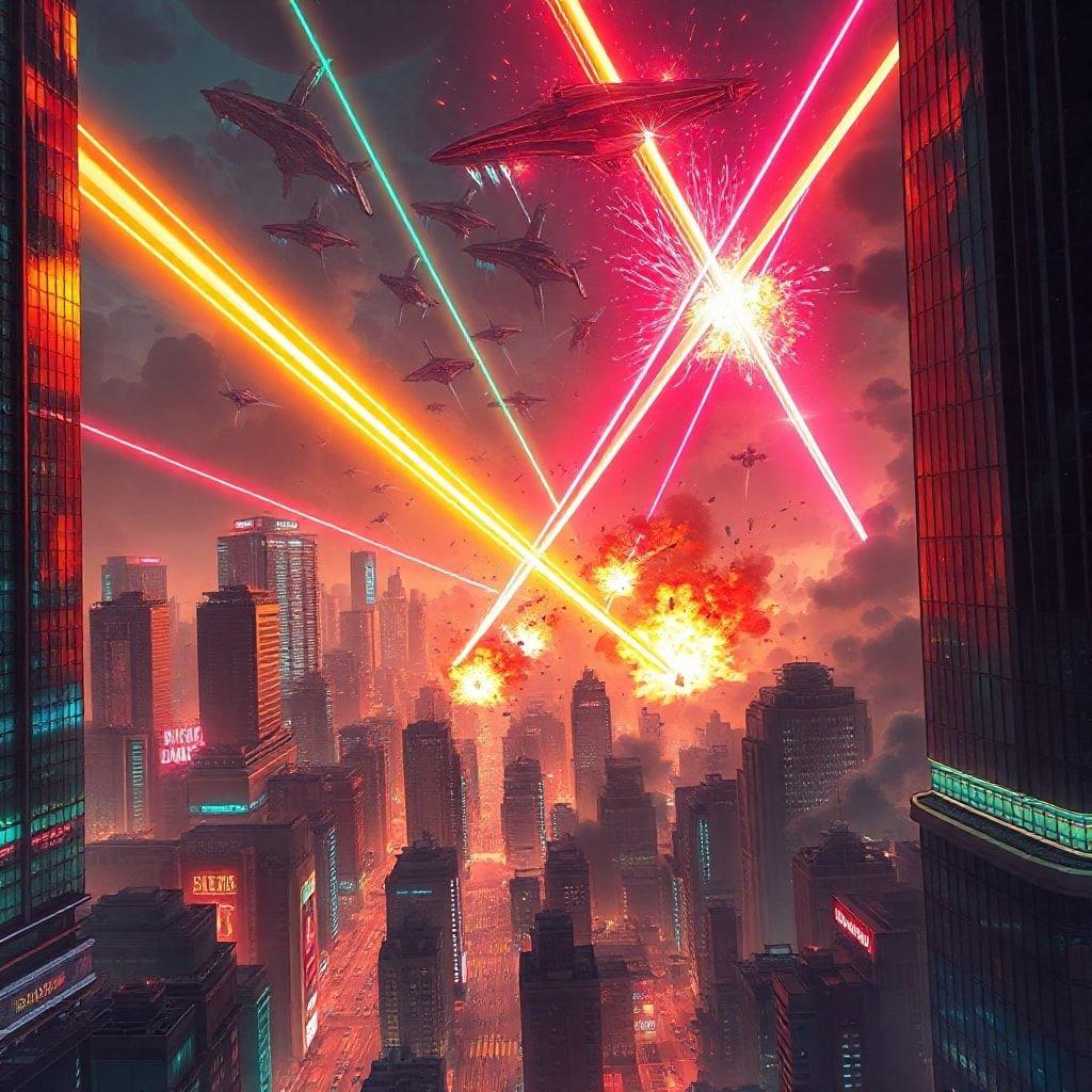 Dieses Bild ist eine atemberaubende Sci-Fi-Stadtlandschaft mit futuristischen Laserstrahlen, perfekt für Desktop- und Mobile-Hintergründe. Die lebendigen Farben und die dynamische Komposition machen es zu einer großartigen Wahl für alle, die ihrem Gerät Hintergrund etwas Aufregung verleihen möchten.