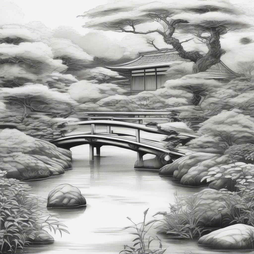 A serene bamboo grove and traditional wooden bridge in a zen garden setting.